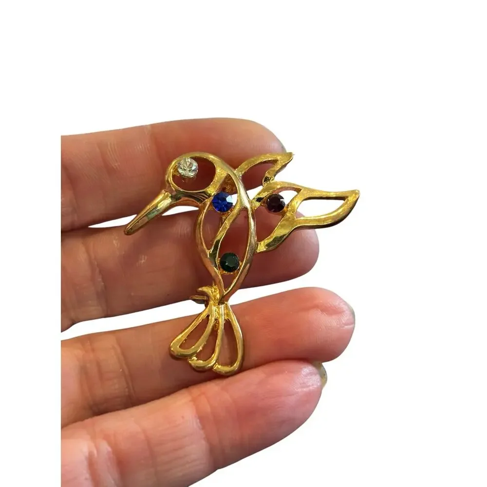 Vintage Abstract Hummingbird Brooch Color Rhinestone Gold Tone Modernist Bird